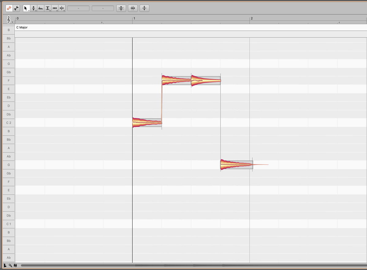 Piano chords analyzed with Melodyne’s monophonic algorithm
