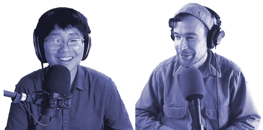 Synthase instructors Nate and Susie speaking into microphones