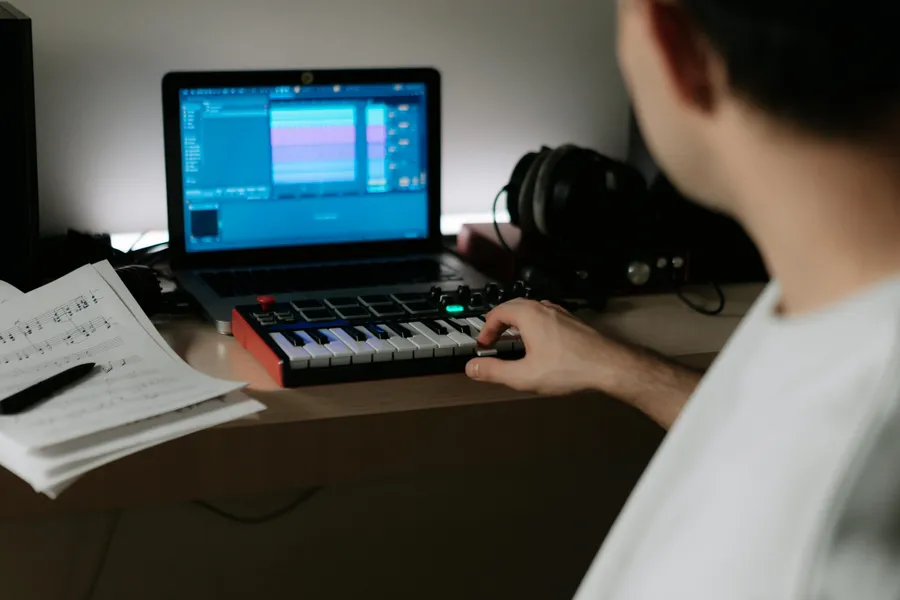 A musician producing music with a laptop, keyboard, and sheet music