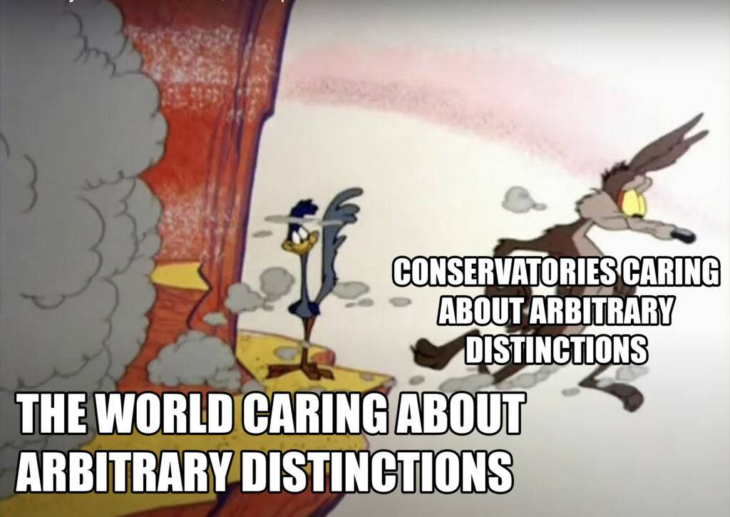 Cliff with text: "The world caring about arbitrary distinctions." Wile E. Coyote running off cliff with text: "Conservatories caring about arbitrary distinctions."